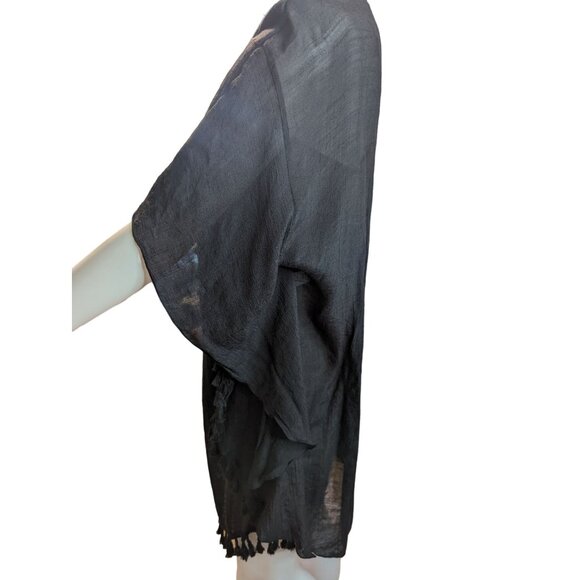 Black Gauzy Poncho w/Crochet Granny Squares Boho Tunic Beach Coverup Sz OSFM - Picture 2 of 8